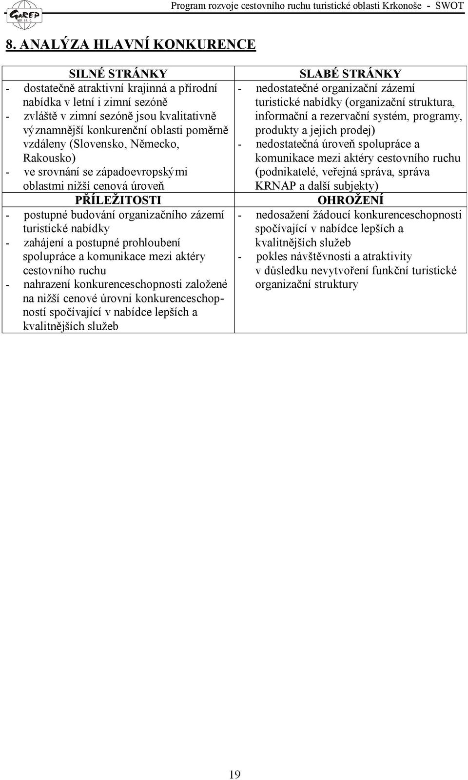 a komunikace mezi aktéry cestovního ruchu - nahrazení konkurenceschopnosti založené na nižší cenové úrovni konkurenceschopností spočívající v nabídce lepších a kvalitnějších služeb - nedostatečné