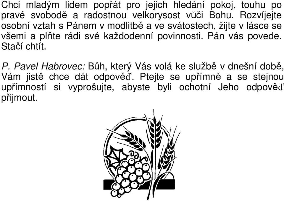 povinnosti. Pán vás povede. Stačí chtít. P. Pavel Habrovec: Bůh, který Vás volá ke službě v dnešní době, Vám jistě chce dát odpověď.