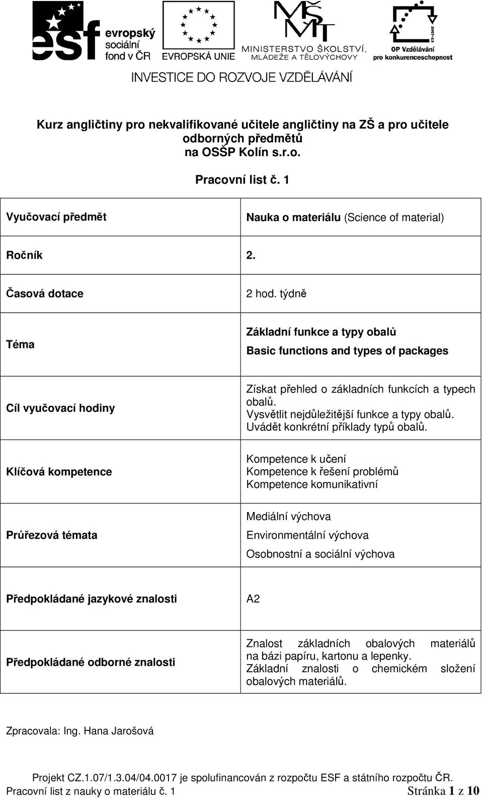 týdně Téma Základní funkce a typy obalů Basic functions and types of packages Cíl vyučovací hodiny Získat přehled o základních funkcích a typech obalů. Vysvětlit nejdůležitější funkce a typy obalů.