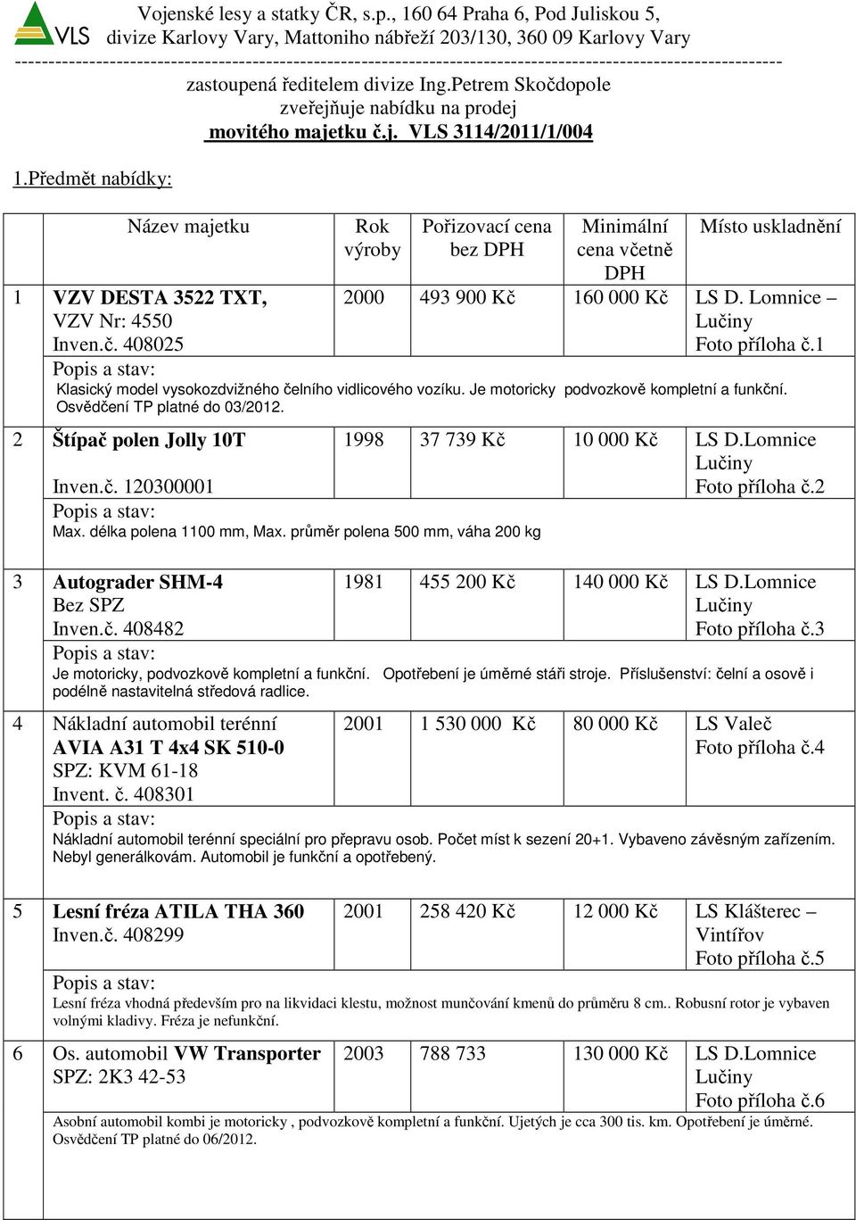 408025 Rok výroby Pořizovací cena bez DPH Minimální cena včetně DPH Místo uskladnění 2000 493 900 Kč 160 000 Kč LS D. Lomnice Lučiny Foto příloha č.