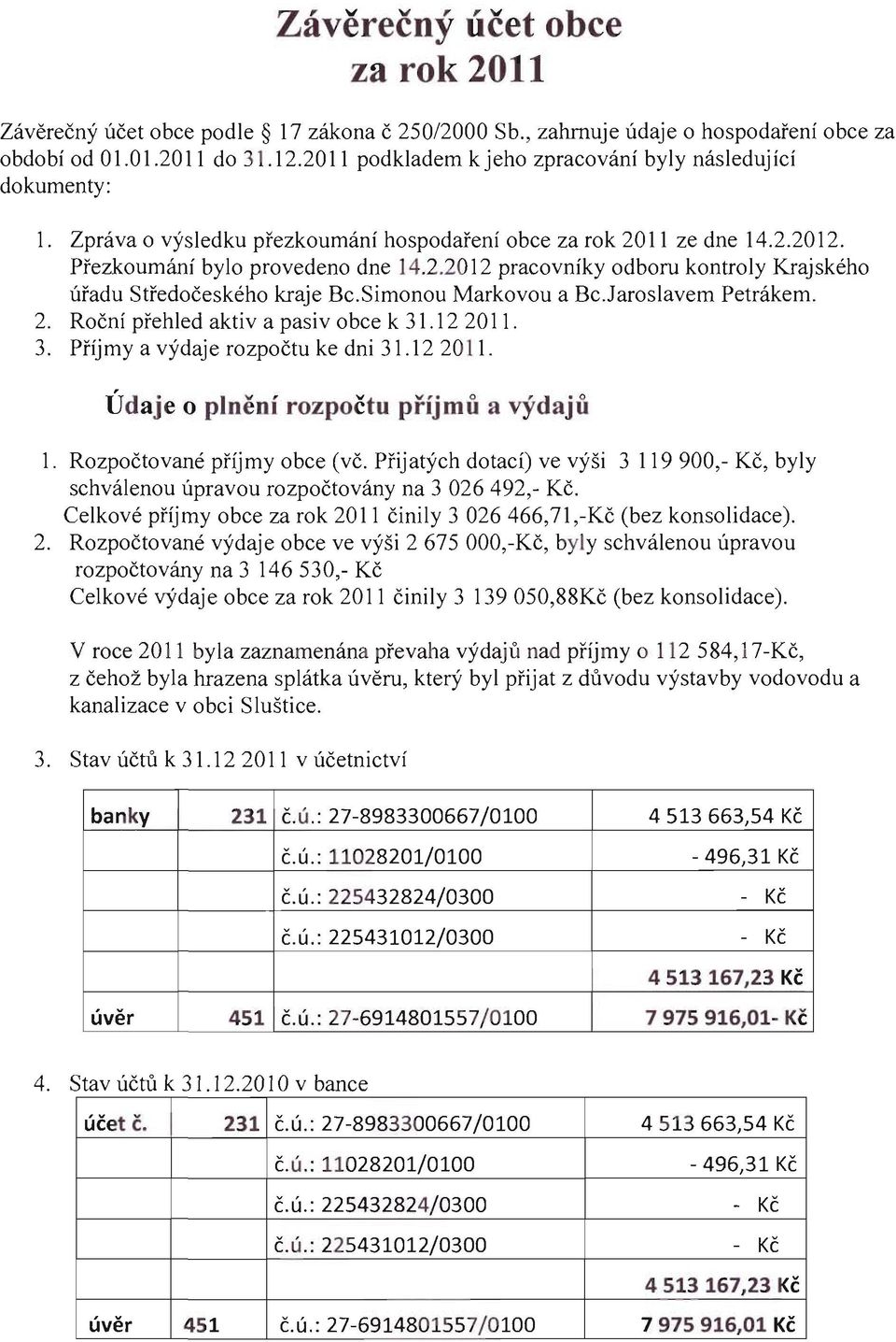 Simonou Markovou a Bc.Jaroslavem Petrákem. 2. Roční přehled aktiva pasiv obce k 31.12 2011. 3. Příjmy a výdaje rozpočtu ke dni 31.12 2011. Údaje o plnění rozpočtu příjmů a výdajů 1.