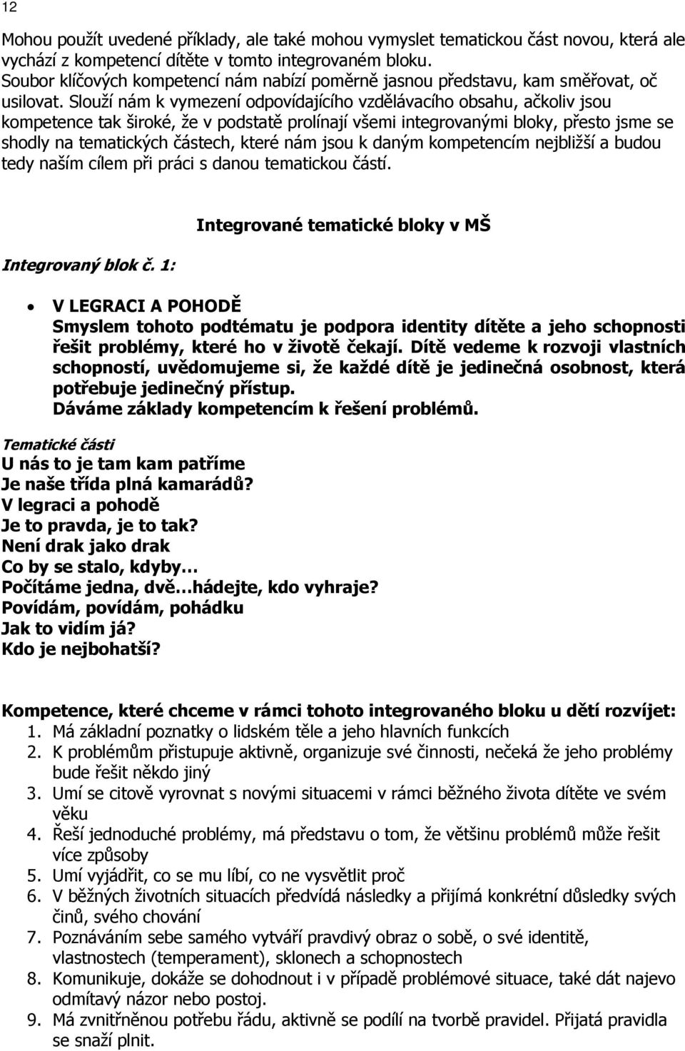 Slouží nám k vymezení odpovídajícího vzdělávacího obsahu, ačkoliv jsou kompetence tak široké, že v podstatě prolínají všemi integrovanými bloky, přesto jsme se shodly na tematických částech, které