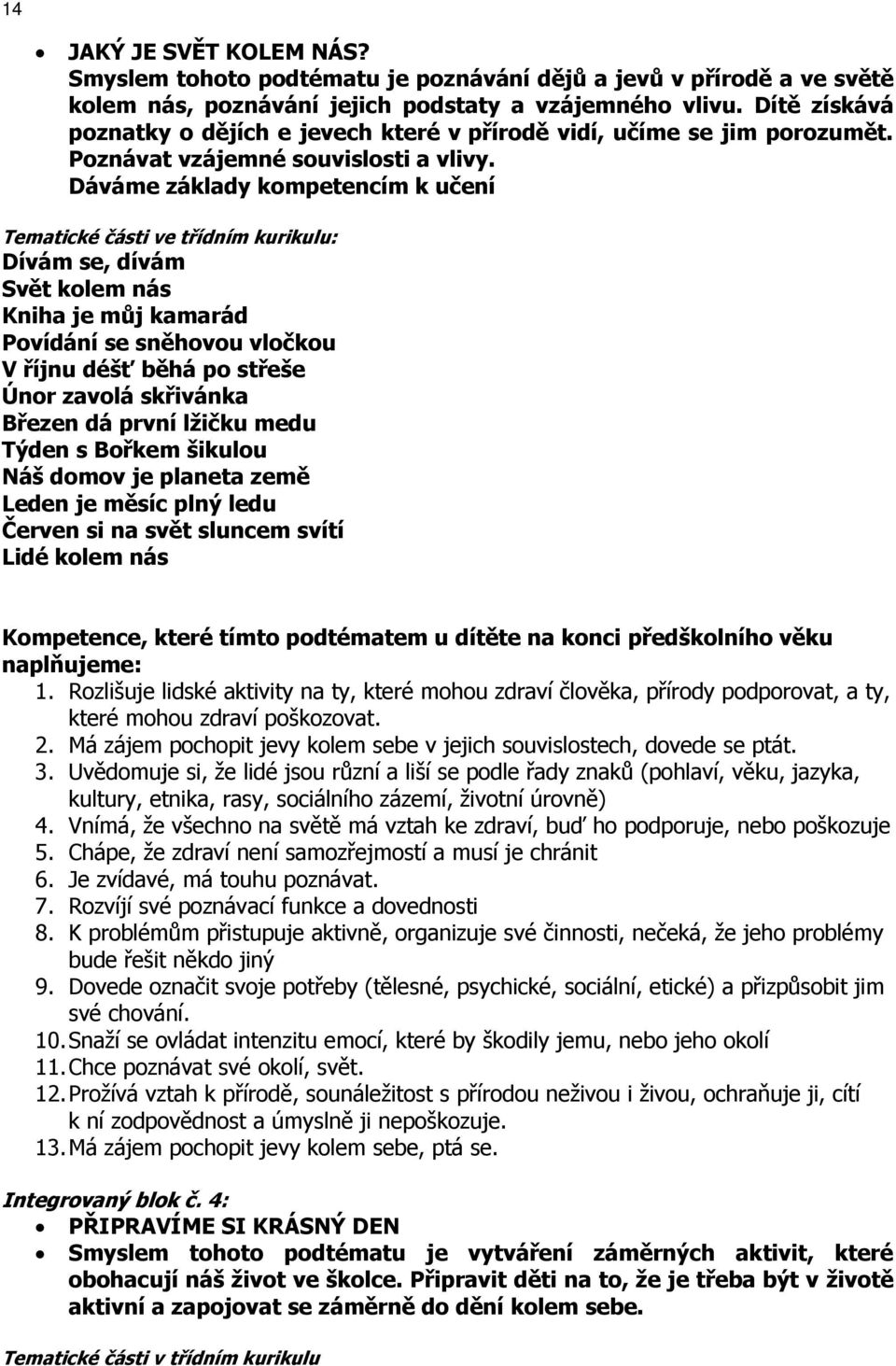 Dáváme základy kompetencím k učení Tematické části ve třídním kurikulu: Dívám se, dívám Svět kolem nás Kniha je můj kamarád Povídání se sněhovou vločkou V říjnu déšť běhá po střeše Únor zavolá