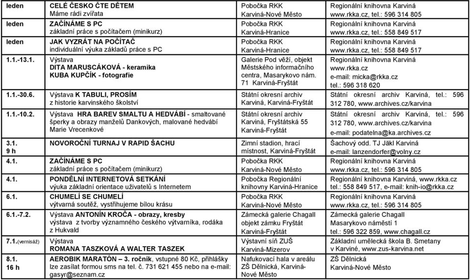 1. ZAČÍNÁME S PC 4.1. PONDĚLNÍ INTERNETOVÁ SETKÁNÍ 6.1. CHUMELÍ SE CHUMELÍ výtvarná soutěž, vystřihujeme bílou krásu 6.1.-7.2.