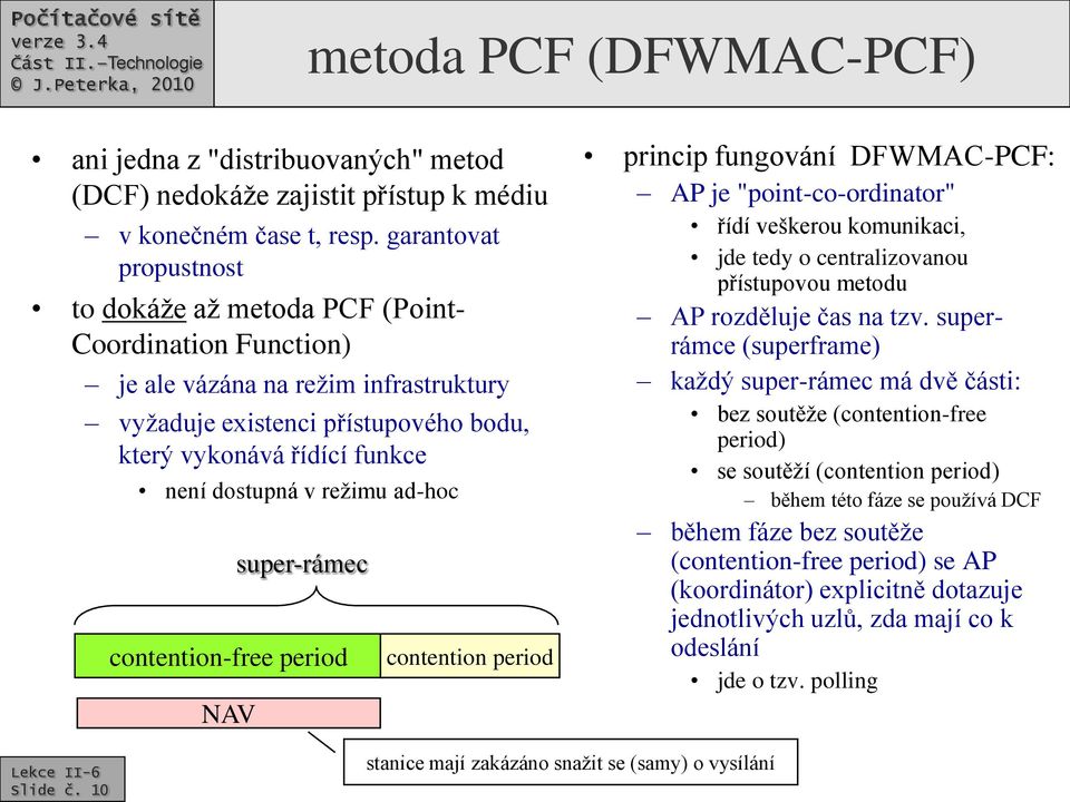 režimu ad-hoc contention-free period NAV super-rámec contention period princip fungování DFWMAC-PCF: AP je "point-co-ordinator" řídí veškerou komunikaci, jde tedy o centralizovanou přístupovou metodu