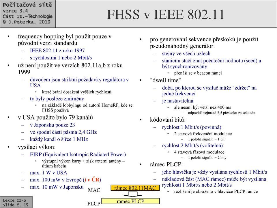 použito bylo 79 kanálů v Japonsku pouze 23 ve spodní části pásma 2,4 GHz každý kanál o šířce 1 MHz vysílací výkon: EIRP (Equivalent Isotropic Radiated Power) výstupní výkon karty + zisk externí