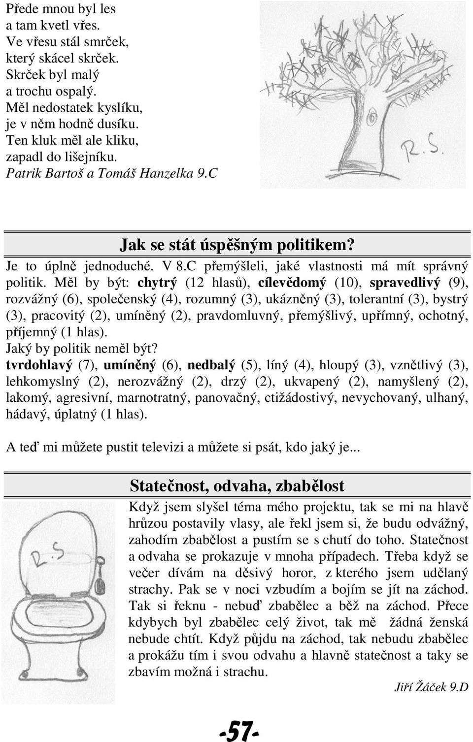 Měl by být: chytrý (12 hlasů), cílevědomý (10), spravedlivý (9), rozvážný (6), společenský (4), rozumný (3), ukázněný (3), tolerantní (3), bystrý (3), pracovitý (2), umíněný (2), pravdomluvný,