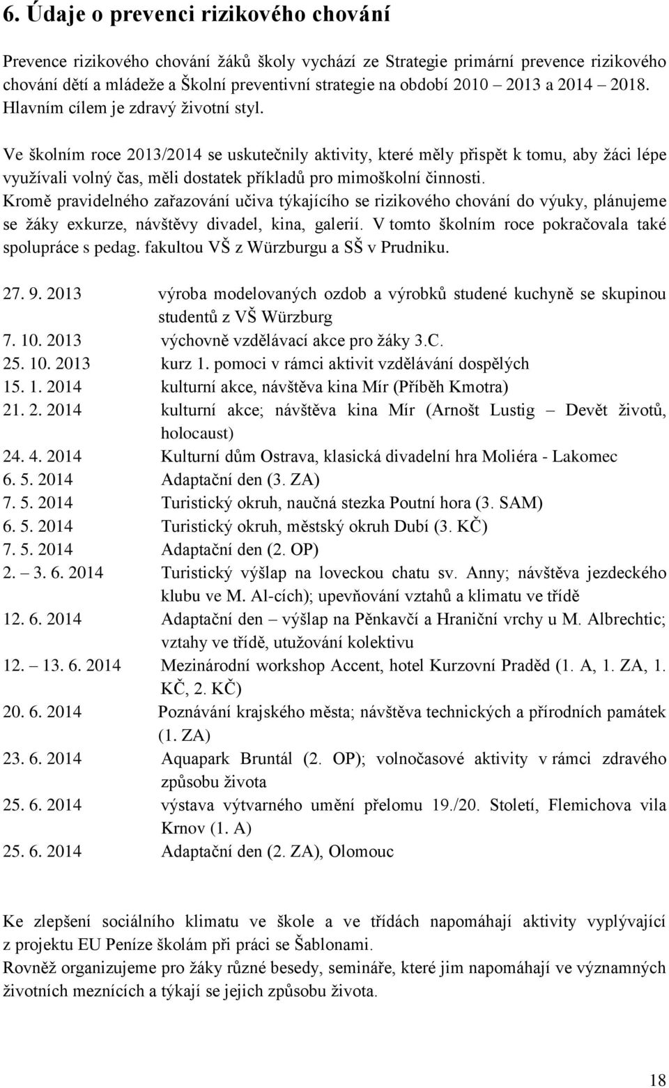 Ve školním roce 2013/2014 se uskutečnily aktivity, které měly přispět k tomu, aby žáci lépe využívali volný čas, měli dostatek příkladů pro mimoškolní činnosti.