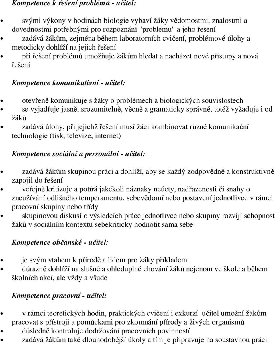 otevřeně komunikuje s žáky o problémech a biologických souvislostech se vyjadřuje jasně, srozumitelně, věcně a gramaticky správně, totéž vyžaduje i od žáků zadává úlohy, při jejichž řešení musí žáci