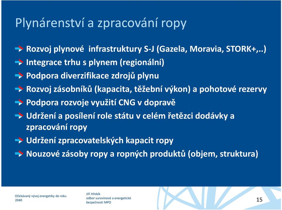 výkon) a pohotové rezervy Podpora rozvoje využití CNG v dopravě Udržení a posílení role státu v celém řetězci