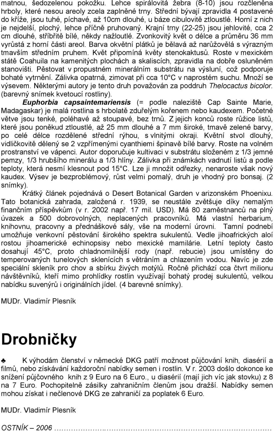 Krajní trny (22-25) jsou jehlovité, cca 2 cm dlouhé, stříbřitě bílé, někdy nažloutlé. Zvonkovitý květ o délce a průměru 36 mm vyrůstá z horní části areol.