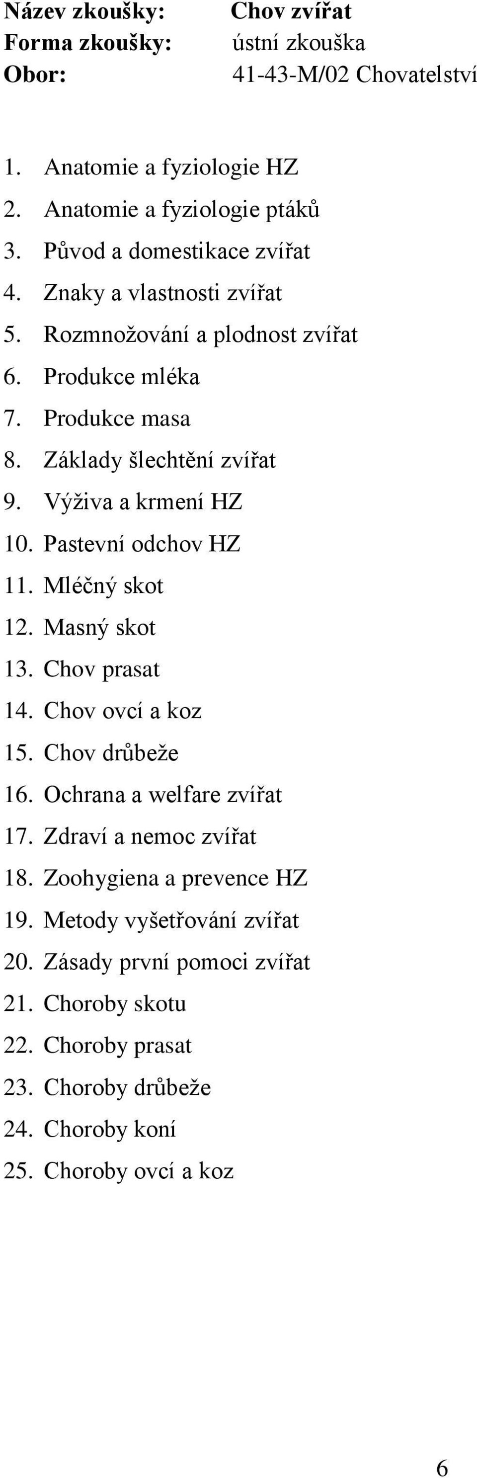 Pastevní odchov HZ 11. Mléčný skot 12. Masný skot 13. Chov prasat 14. Chov ovcí a koz 15. Chov drůbeže 16. Ochrana a welfare zvířat 17.