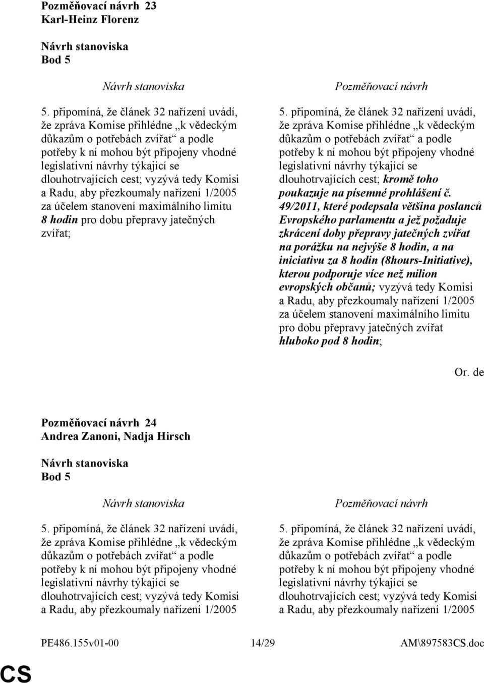 49/2011, které podepsala většina poslanců Evropského parlamentu a jež požaduje zkrácení doby přepravy jatečných zvířat na porážku na nejvýše 8 hodin, a na