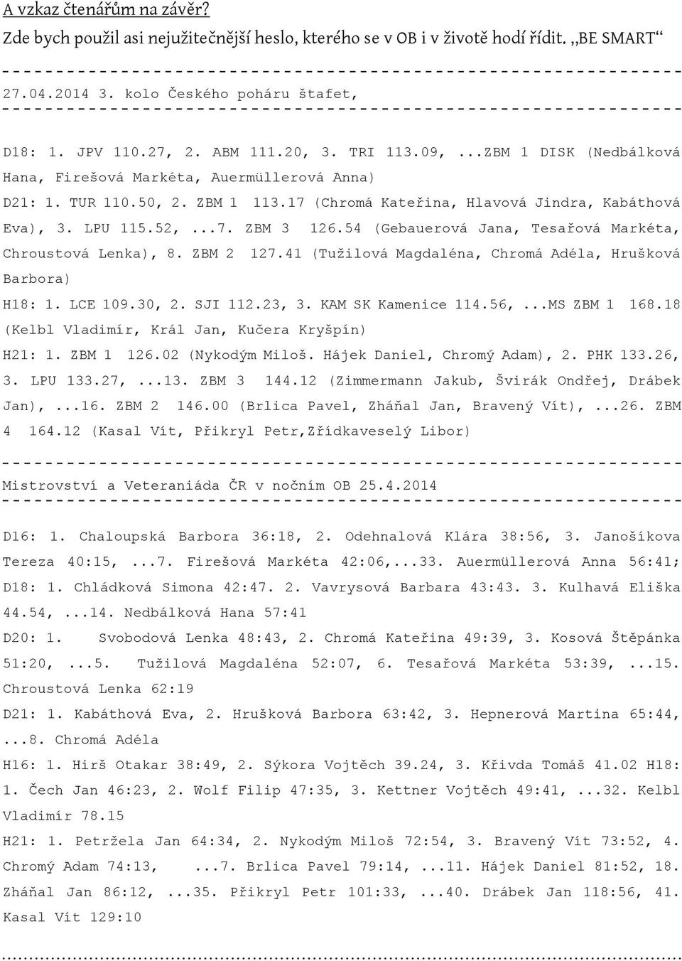 54 (Gebauerová Jana, Tesařová Markéta, Chroustová Lenka), 8. ZBM 2 127.41 (Tužilová Magdaléna, Chromá Adéla, Hrušková Barbora) H18: 1. LCE 109.30, 2. SJI 112.23, 3. KAM SK Kamenice 114.56,.