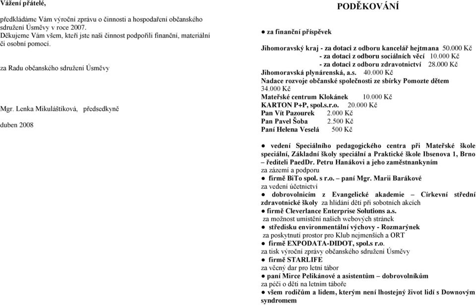 Lenka Mikuláštíková, předsedkyně duben 2008 za finanční příspěvek PODĚKOVÁNÍ Jihomoravský kraj - za dotaci z odboru kancelář hejtmana 50.000 Kč - za dotaci z odboru sociálních věcí 10.