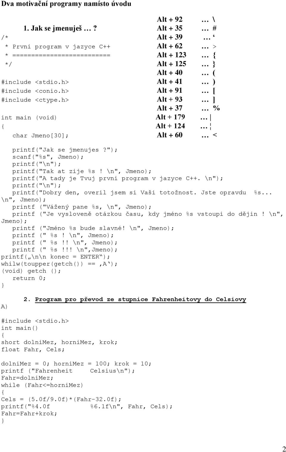 + 124 char Jmeno[30]; Alt + 60 < Jak se jmenujes?"); scanf("%s", Jmeno); \n"); Tak at zije %s! \n", Jmeno); A tady je Tvuj prvni program v jazyce C++.