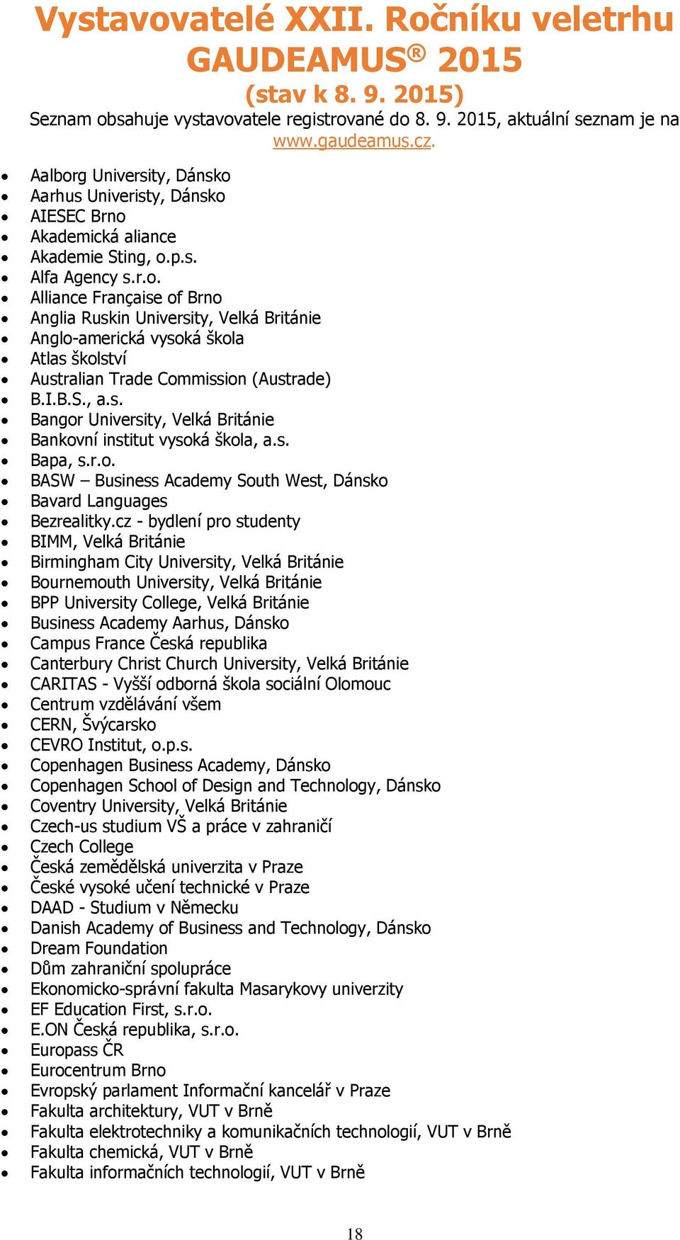 I.B.S., a.s. Bangor University, Velká Británie Bankovní institut vysoká škola, a.s. Bapa, s.r.o. BASW Business Academy South West, Dánsko Bavard Languages Bezrealitky.