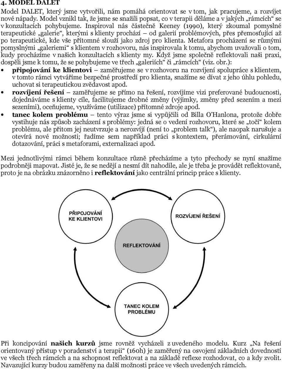 Inspiroval nás částečně Keeney (1990), který zkoumal pomyslné terapeutické galerie, kterými s klienty prochází od galerií problémových, přes přemosťující až po terapeutické, kde vše přítomné slouží