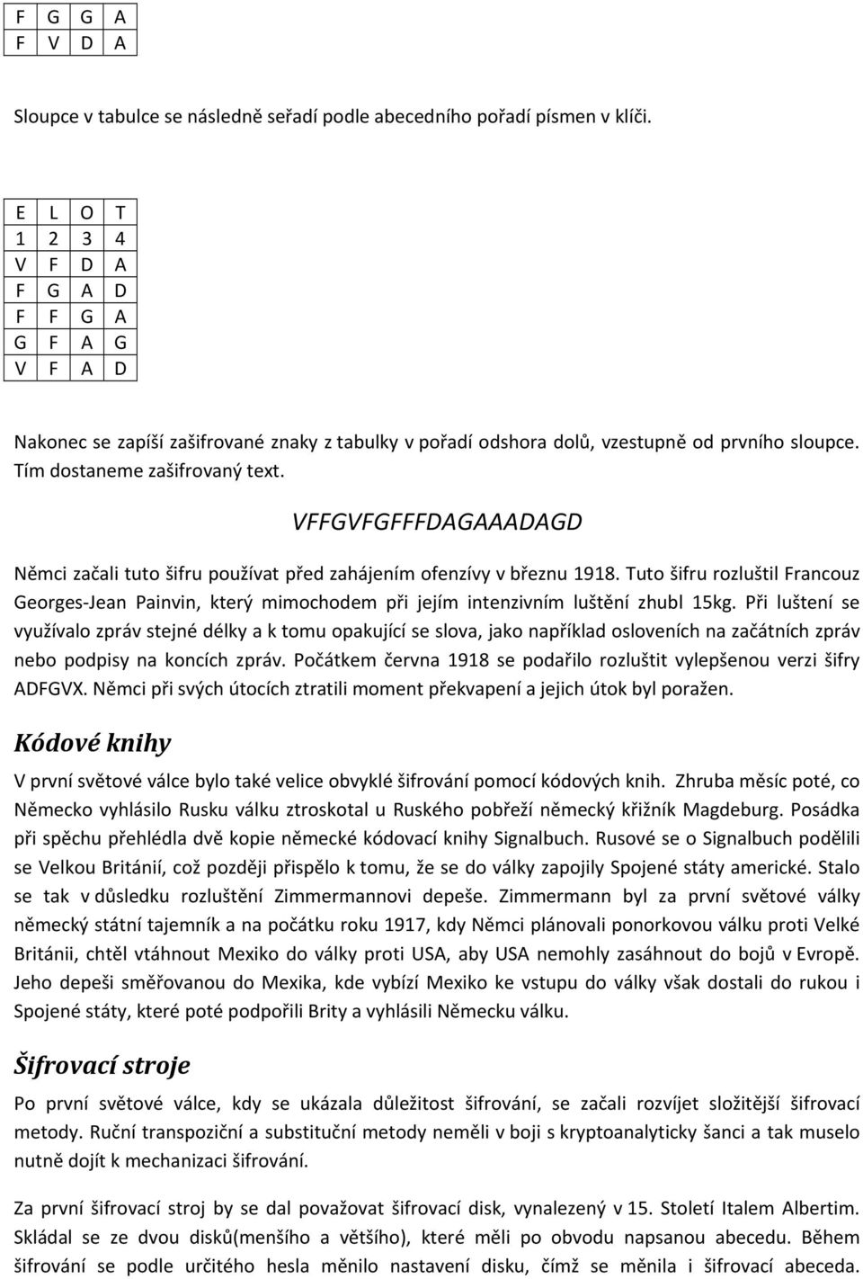 VFFGVFGFFFDAGAAADAGD Němci začali tuto šifru používat před zahájením ofenzívy v březnu 1918.