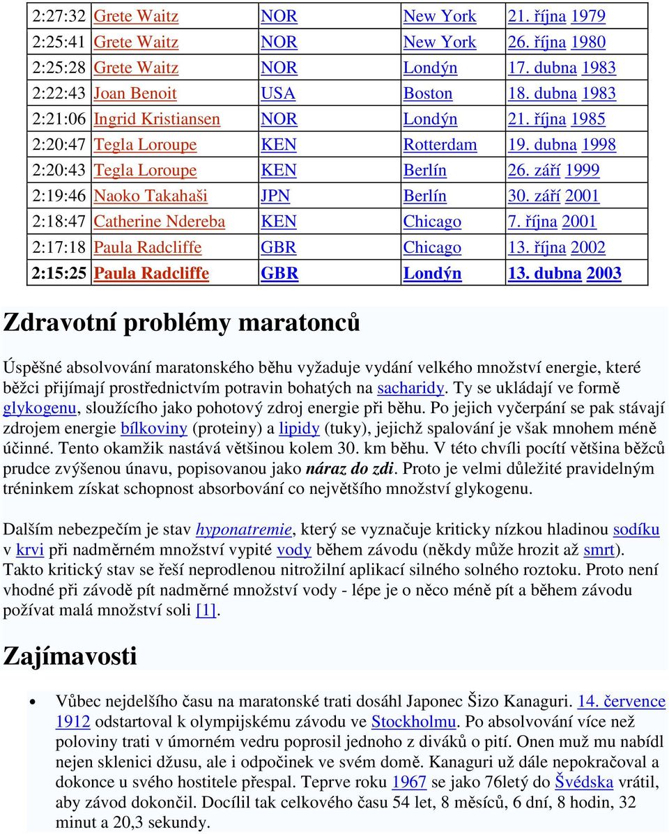 září 2001 2:18:47 Catherine Ndereba KEN Chicago 7. října 2001 2:17:18 Paula Radcliffe GBR Chicago 13. října 2002 2:15:25 Paula Radcliffe GBR Londýn 13.