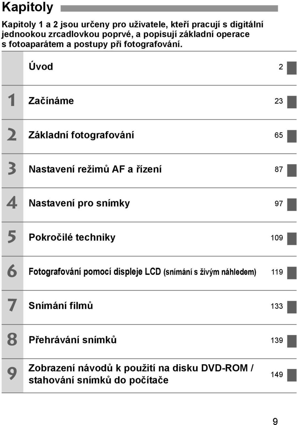 Úvod 2 1 2 3 4 5 6 7 8 Začínáme 23 Základní fotografování 65 Nastavení režimů AF a řízení 87 Nastavení pro snímky 97 Pokročilé