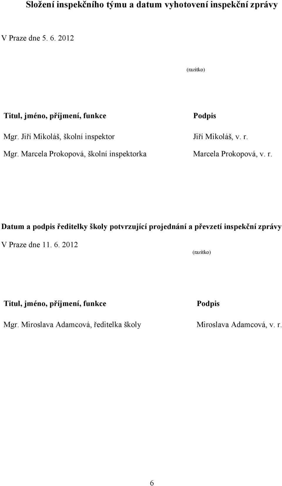 r. Datum a podpis ředitelky školy potvrzující projednání a převzetí inspekční zprávy V Praze dne 11. 6.