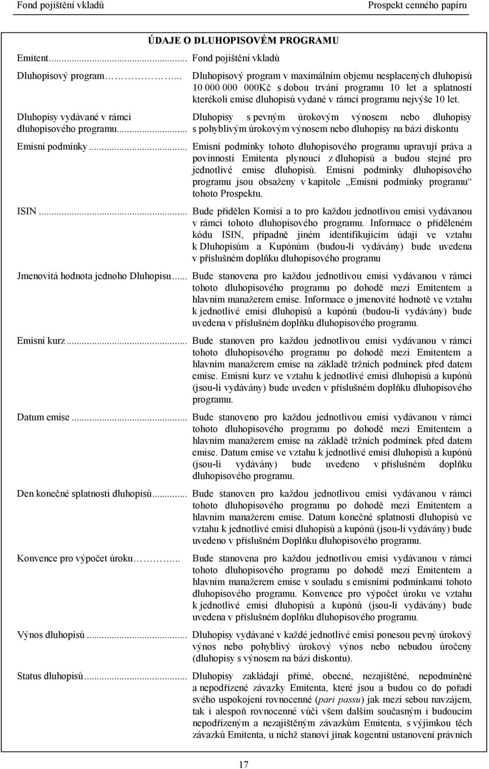 Dluhopisy vydávané v rámci dluhopisového programu... Emisní podmínky... ISIN... Jmenovitá hodnota jednoho Dluhopisu... Emisní kurz... Datum emise... Den konečné splatnosti dluhopisů.