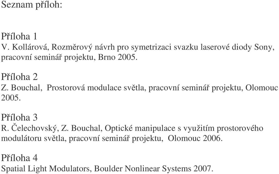 Píloha 2 Z. Bouchal, Prostorová modulace svtla, pracovní seminá projektu, Olomouc 2005. Píloha 3 R.