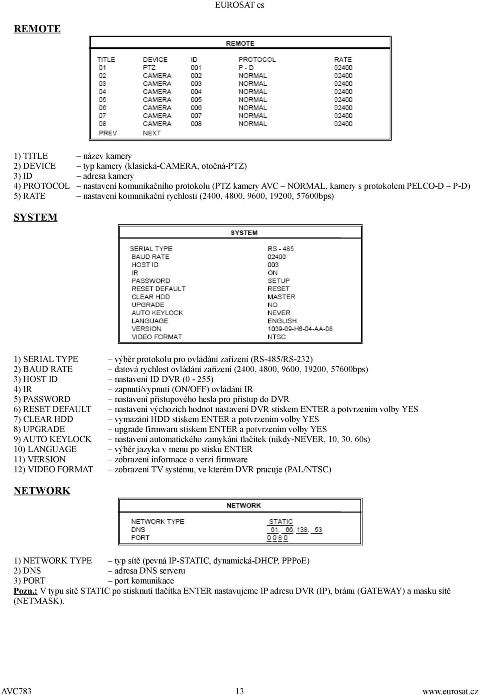 zařízení (2400, 4800, 9600, 19200, 57600bps) 3) HOST ID nastavení ID DVR (0-255) 4) IR zapnutí/vypnutí (ON/OFF) ovládání IR 5) PASSWORD nastavení přístupového hesla pro přístup do DVR 6) RESET