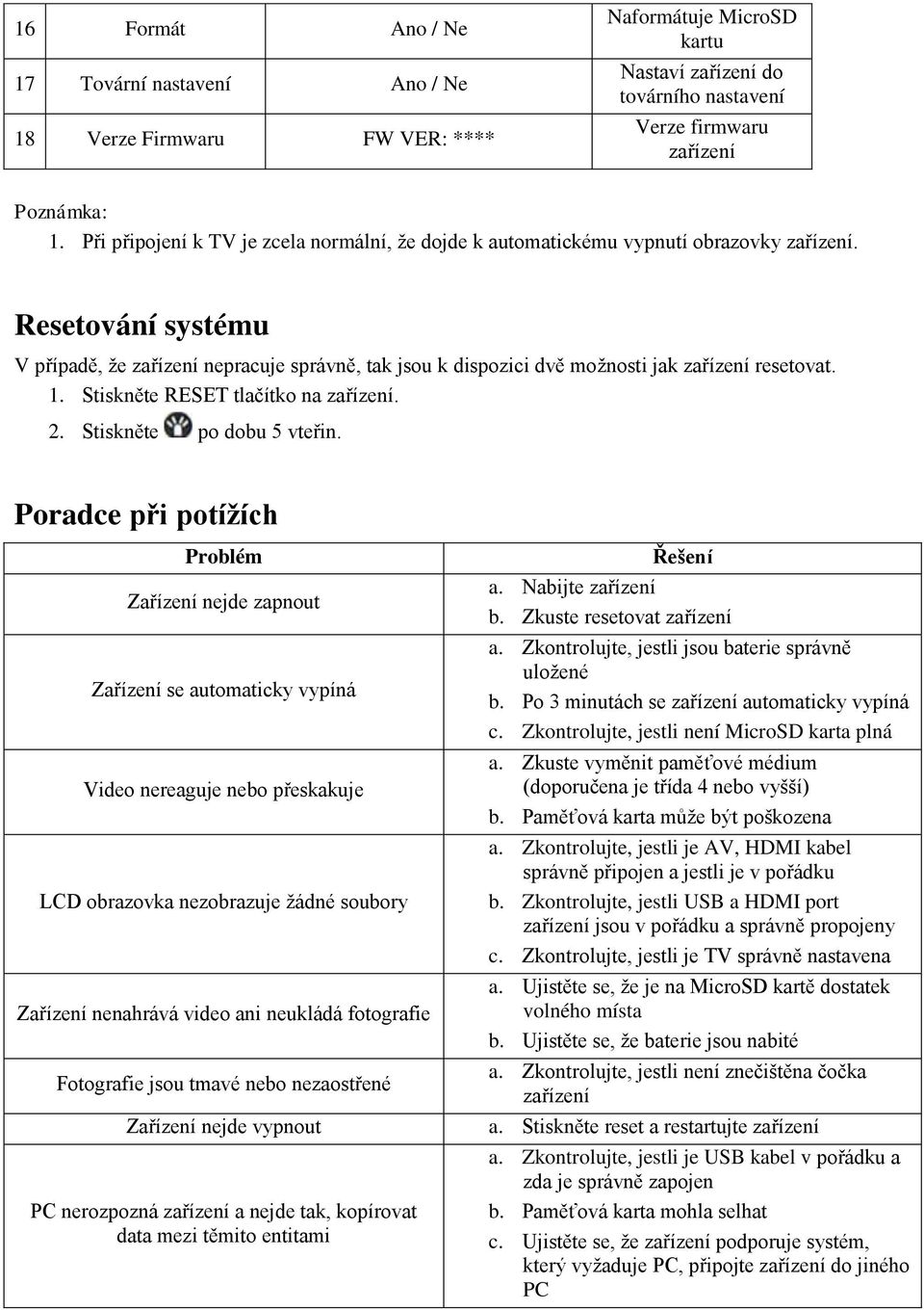 Resetování systému V případě, že zařízení nepracuje správně, tak jsou k dispozici dvě možnosti jak zařízení resetovat. 1. Stiskněte RESET tlačítko na zařízení. 2. Stiskněte po dobu 5 vteřin.