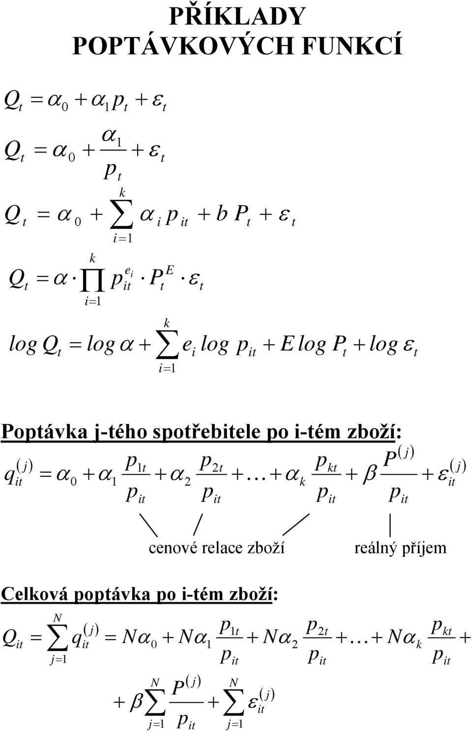 j ) 1 t t kt P qt α 0 + α1 + α + K+ α k + β + εt t t t t ( j ) cenové relace zboží reálný říjem Celková