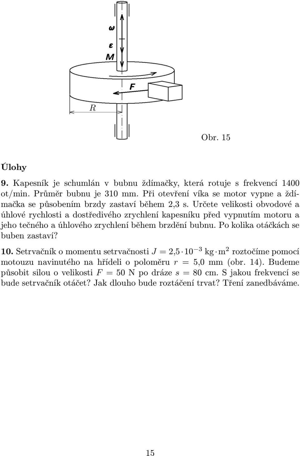 Určee velikoi obvodové a úhlové rychloi a doředivého zrychlení kapeníku před vypnuí ooru a jeho ečného a úhlového zrychlení běhe brzdění bubnu.