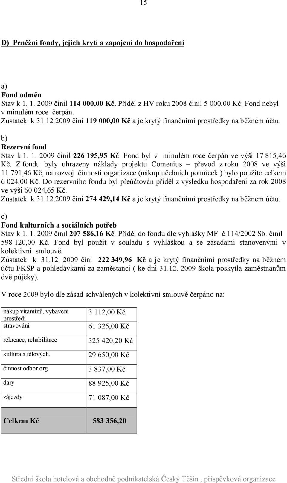 Z fondu byly uhrazeny náklady projektu Comenius převod z roku 2008 ve výši 11 791,46 Kč, na rozvoj činnosti organizace (nákup učebních pomůcek ) bylo použito celkem 6 024,00 Kč.