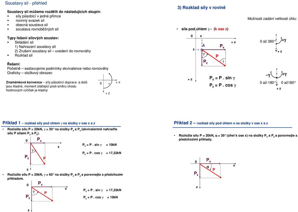 podmínky ekvivalence nebo ovnováhy Gaficky složkový obaec Znaménková konvence síly působící dopava a dolů jsou kladné moment otáčející poti u chodu hodinových učiček je + + + + A +. sin.