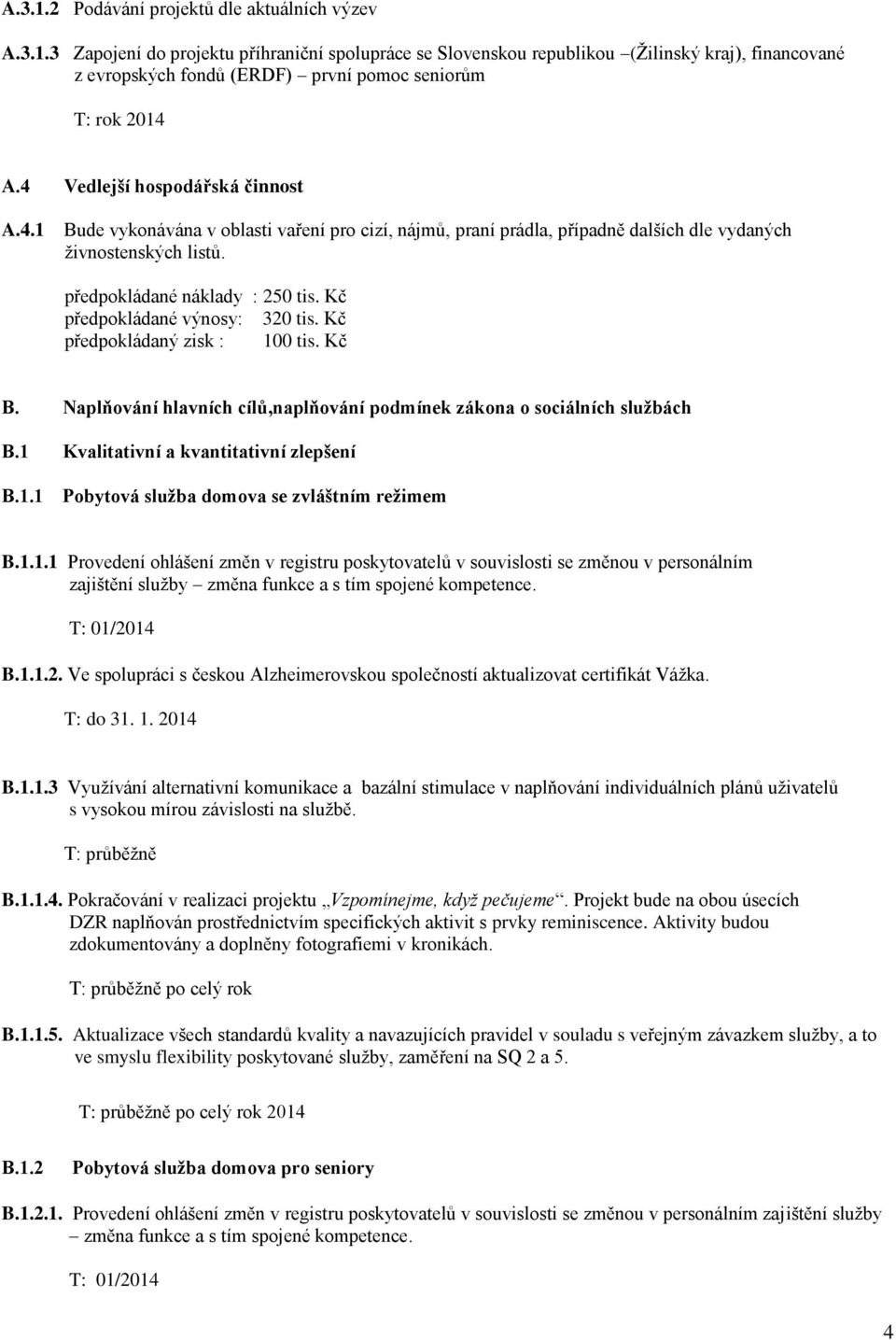 Kč předpokládané výnosy: 320 tis. Kč předpokládaný zisk : 00 tis. Kč B. Naplňování hlavních cílů,naplňování podmínek zákona o sociálních službách B. Kvalitativní a kvantitativní zlepšení B.