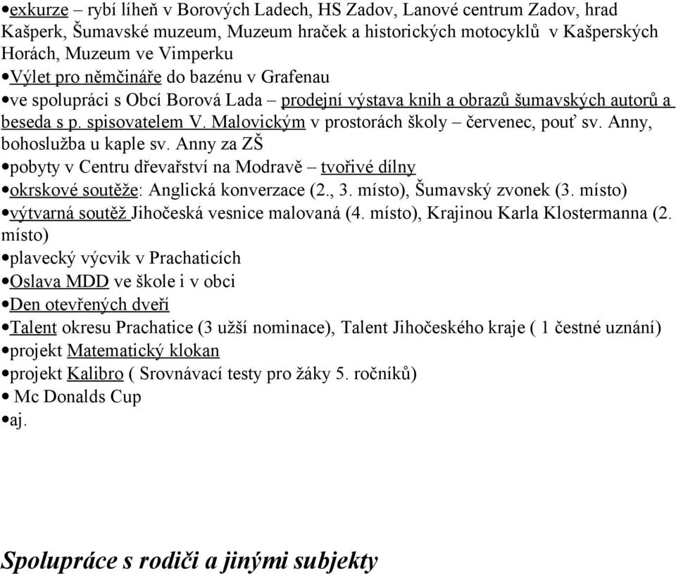 Anny, bohoslužba u kaple sv. Anny za ZŠ pobyty v Centru dřevařství na Modravě tvořivé dílny okrskové soutěže: Anglická konverzace (2., 3. místo), Šumavský zvonek (3.