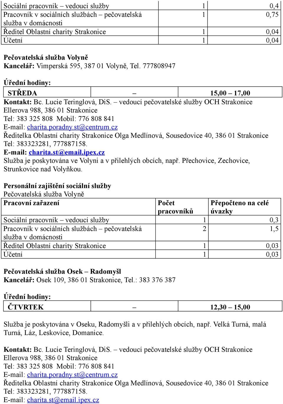 vedoucí pečovatelské služby OCH Strakonice Ellerova 988, 386 0 Strakonice Tel: 383 325 808 Mobil: 776 808 84 E-mail: charita.poradny.st@centrum.