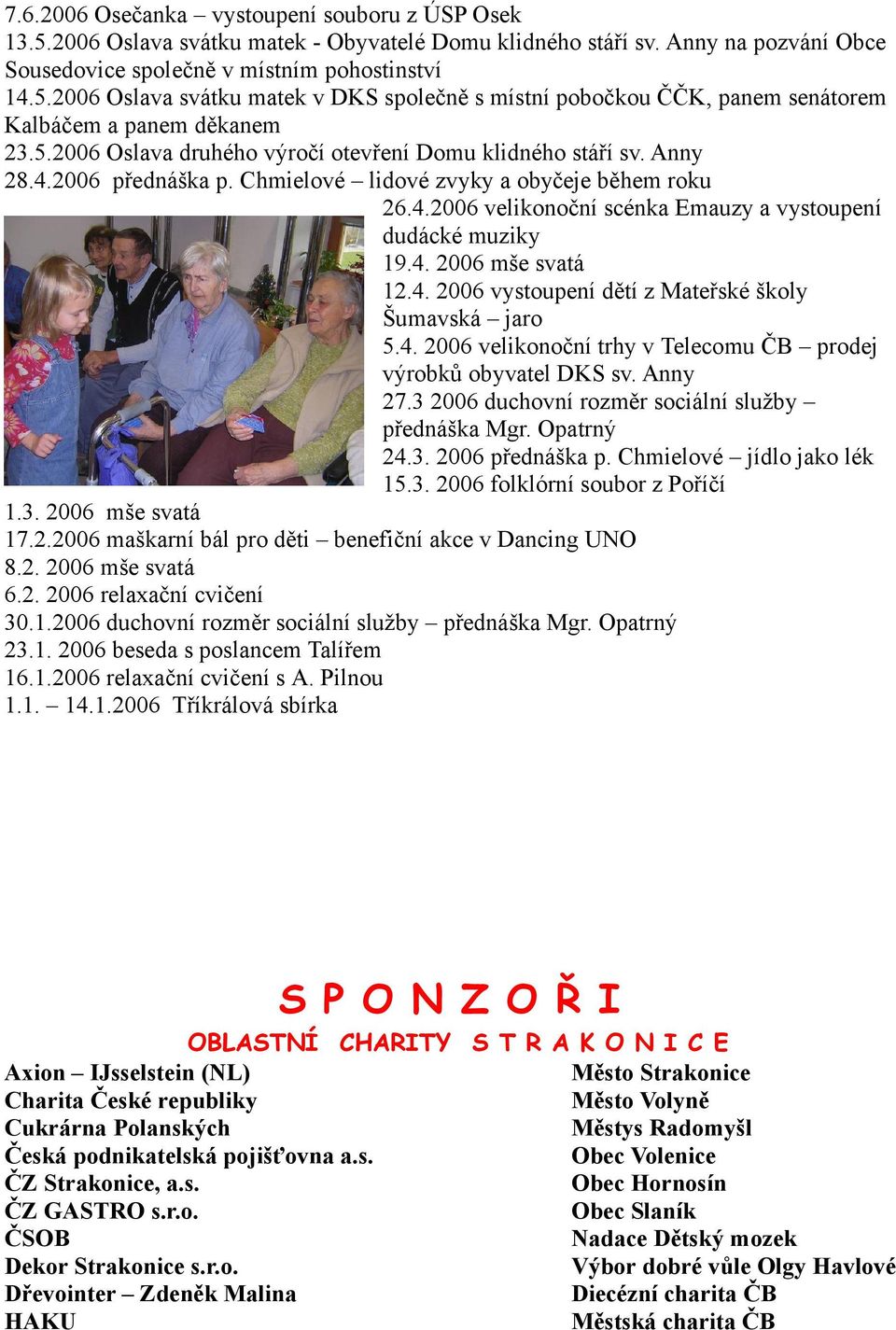 4. 2006 mše svatá 2.4. 2006 vystoupení dětí z Mateřské školy Šumavská jaro 5.4. 2006 velikonoční trhy v Telecomu ČB prodej výrobků obyvatel DKS sv. Anny 27.