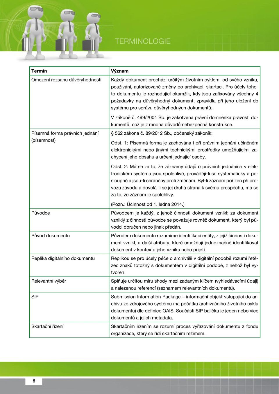 V zákoně č. 499/2004 Sb. je zakotvena právní domněnka pravosti dokumentů, což je z mnoha důvodů nebezpečná konstrukce. Písemná forma právních jednání (písemnost) 562 zákona č. 89/2012 Sb.