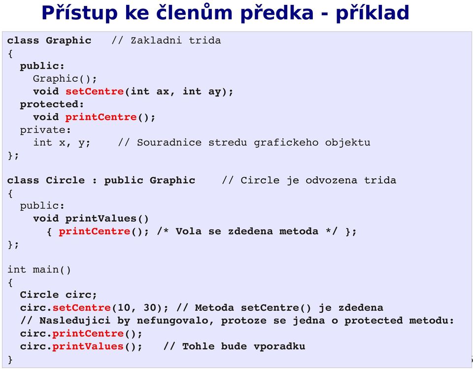 printvalues() printcentre(); /* Vola se zdedena metoda */ int main() Circle circ; circ.