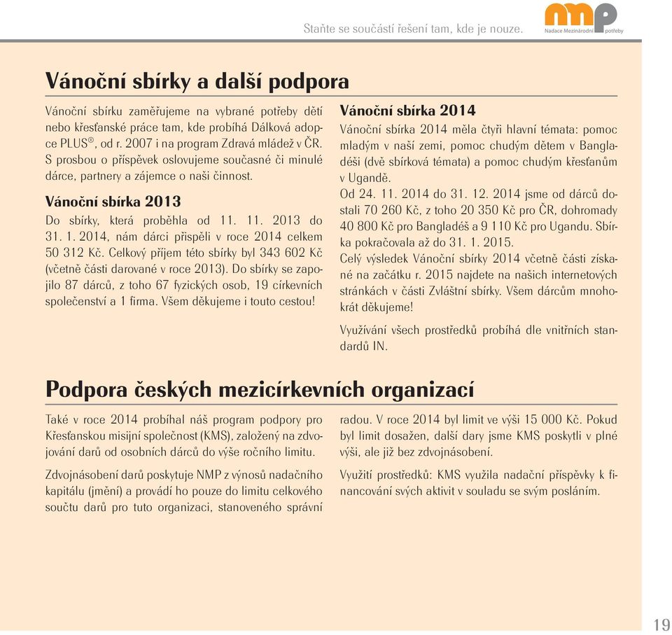 1. 2014, nám dárci přispěli v roce 2014 celkem 50 312 Kč. Celkový příjem této sbírky byl 343 602 Kč (včetně části darované v roce 2013).