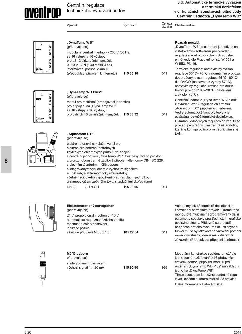 50 Hz, se 16 vstupy a 16 výstupy pro až 12 cirkulačních smyček 0 10 V, (100 Mbit/RJ 45) informování pomocí e-mailu (předpoklad: připojení k internetu) 115 33 16 011 DynaTemp WB Plus (připravuje se)