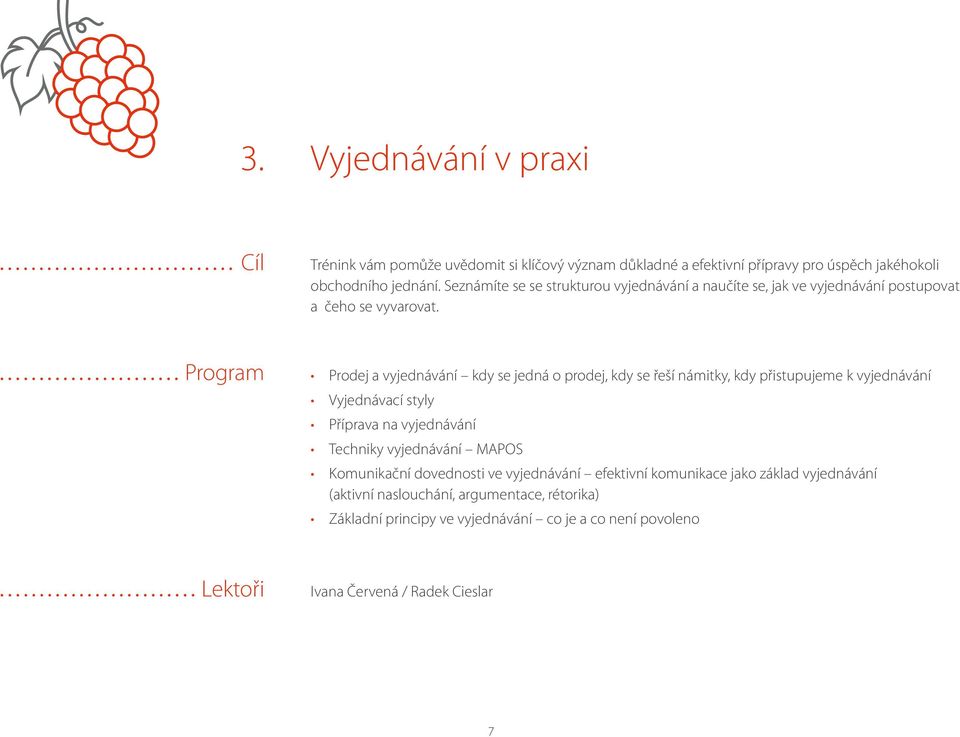 Program Prodej a vyjednávání kdy se jedná o prodej, kdy se řeší námitky, kdy přistupujeme k vyjednávání Vyjednávací styly Příprava na vyjednávání Techniky