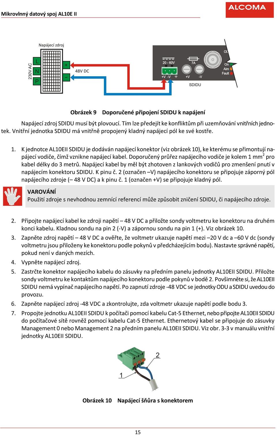 K jednotce AL10EII SDIDU je dodáván napájecí konektor (viz obrázek 10), ke kterému se přimontují napájecí vodiče, čímž vznikne napájecí kabel.