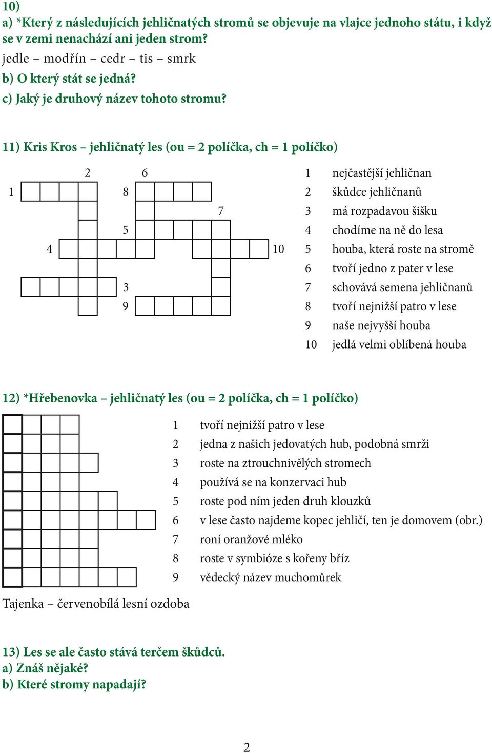 11) Kris Kros jehličnatý les (ou = 2 políčka, ch = 1 políčko) 2 6 1 nejčastější jehličnan 1 8 2 škůdce jehličnanů 7 3 má rozpadavou šišku 5 4 chodíme na ně do lesa 4 10 5 houba, která roste na stromě