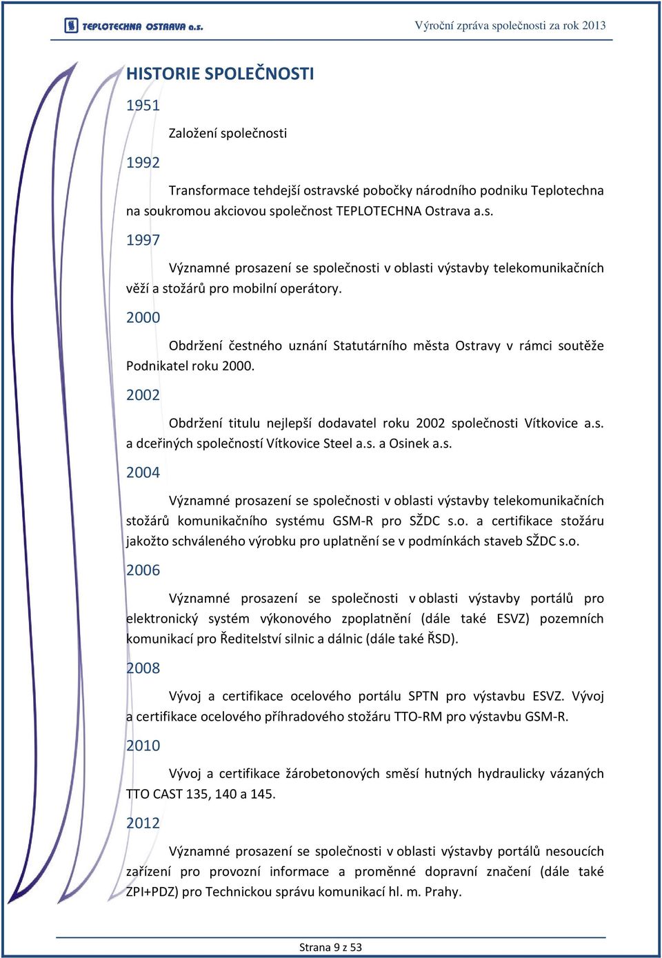 s. a Osinek a.s. 2004 Významné prosazení se společnosti v oblasti výstavby telekomunikačních stožárů komunikačního systému GSM-R pro SŽDC s.o. a certifikace stožáru jakožto schváleného výrobku pro uplatnění se v podmínkách staveb SŽDC s.