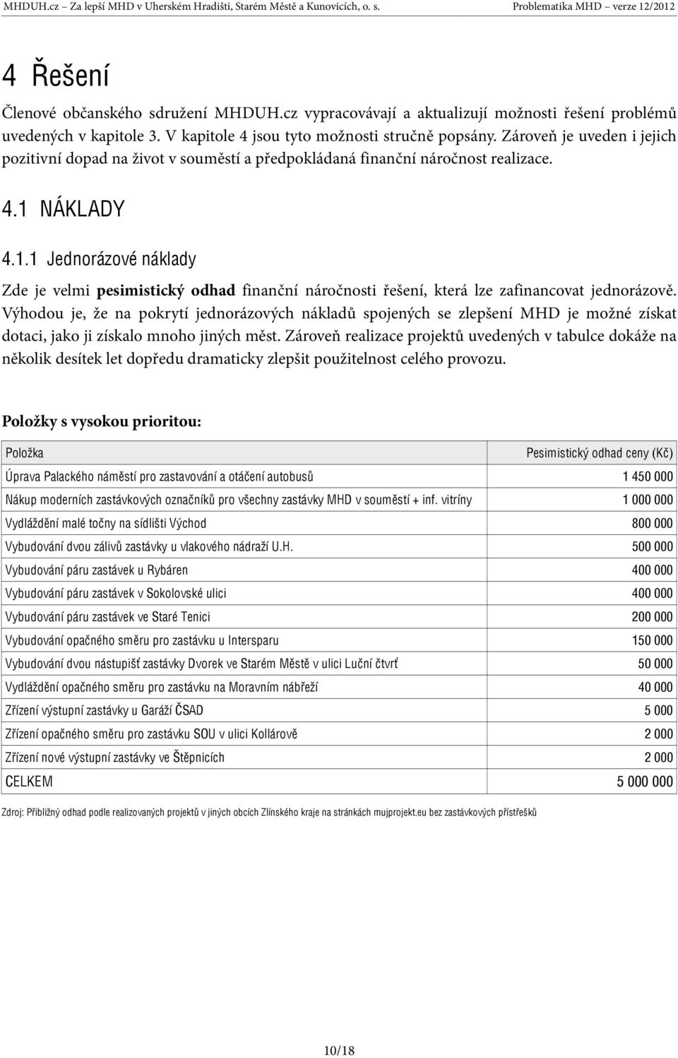 NÁKLADY 4.1.1 Jednorázové náklady Zde je velmi pesimistický odhad finanční náročnosti řešení, která lze zafinancovat jednorázově.