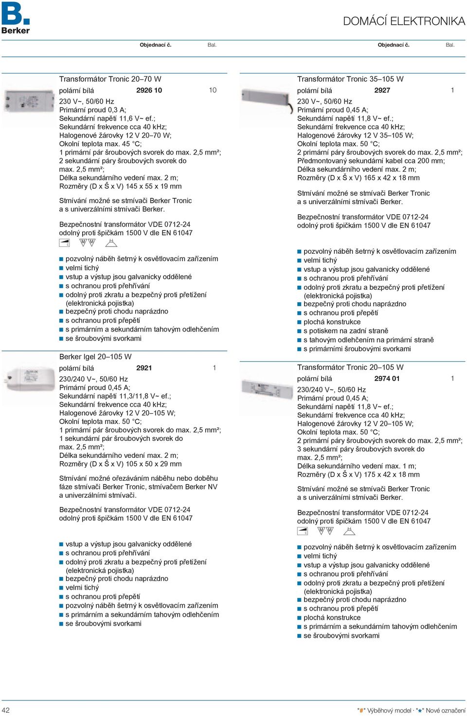 Bezpečnostní transformátor VDE 072-24 odolný proti špičkám 500 V dle EN 6047 6 N O s primárním a sekundárním tahovým odlehčením Berker Igel 20 05 W polární bílá 292 230/240 V~, 50/60 Hz Primární