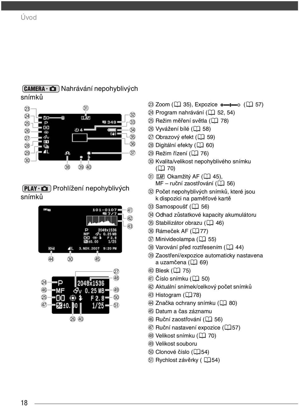 Samospoušť ( 56) Odhad zůstatkové kapacity akumulátoru Stabilizátor obrazu ( 46) Rámeček AF ( 77) Minivideolampa ( 55) Varování před roztřesením ( 44) Zaostření/expozice automaticky nastavena a