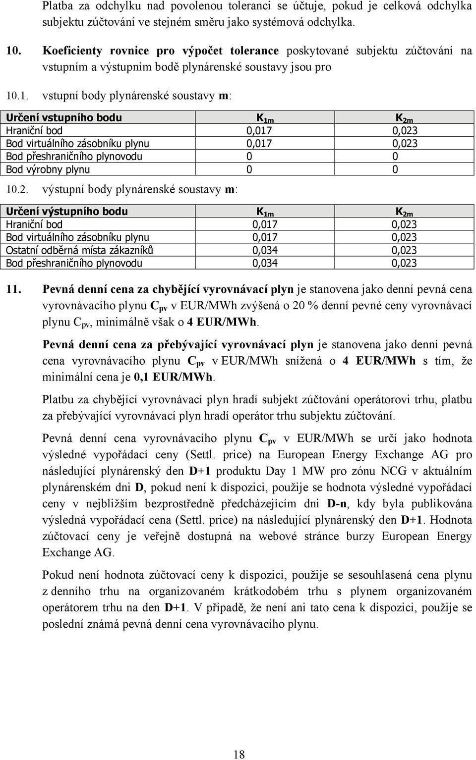 .1. vstupní body plynárenské soustavy m: Určení vstupního bodu K 1m K 2m Hraniční bod 0,017 0,023 Bod virtuálního zásobníku plynu 0,017 0,023 Bod přeshraničního plynovodu 0 0 Bod výrobny plynu 0 0 10.